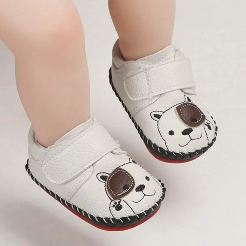 Toddler Dog/Cream White Baby Boys Girls Pu Leather Hard Bottom Walking Sneakers